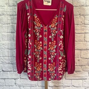 Savanna Jane Boho Embroidered Blouse Top Size S Magenta Pink Floral V-Neck L/S